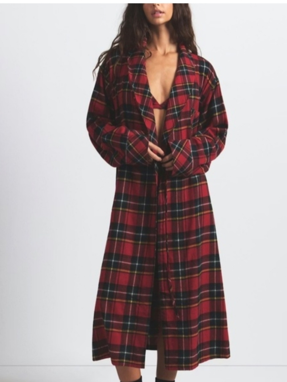 NWT Skims Flannel Sleep Long Robe Red Brick Holiday Plaid Size Medium
